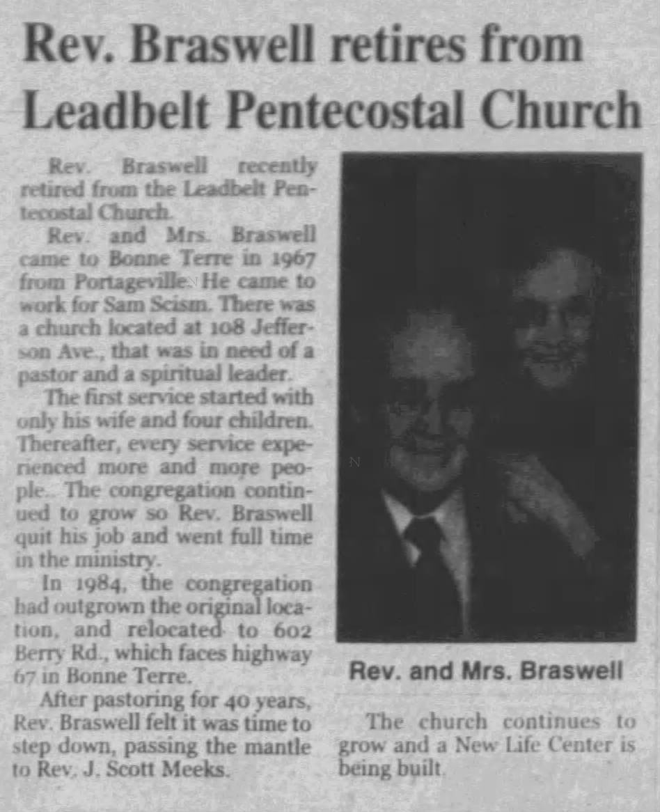 2006 article: Rev. Braswell retires from Leadbelt Pentecostal Church