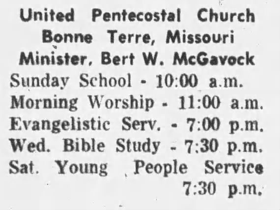 1964 newspaper service listing for United Pentecostal Church, Bonne Terre