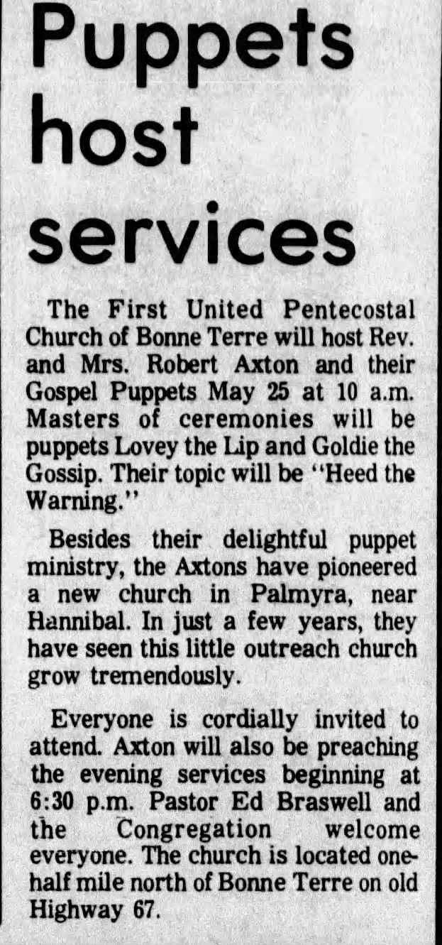Puppet ministry services, 1986